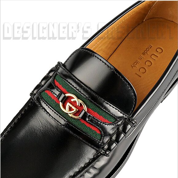 Gucci 13 black KAVEH polished Leather DOUBLE G WEB detail Loafer Shoes NIB - Picture 9 of 13